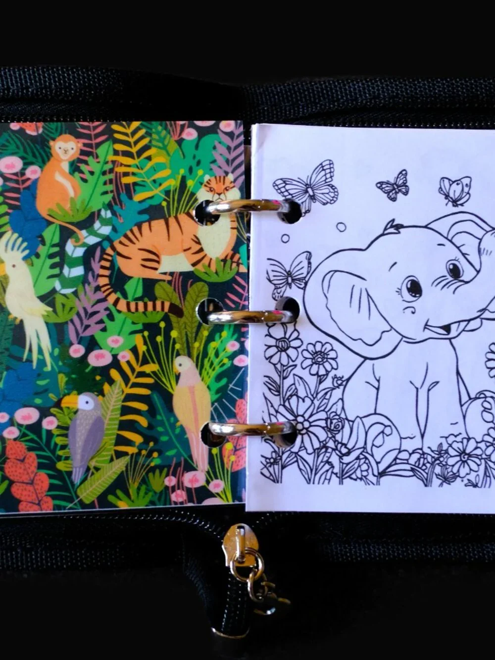 Mini Coloring Book, Animals, Handmade, 3 ring binder, zipper cover, pencils